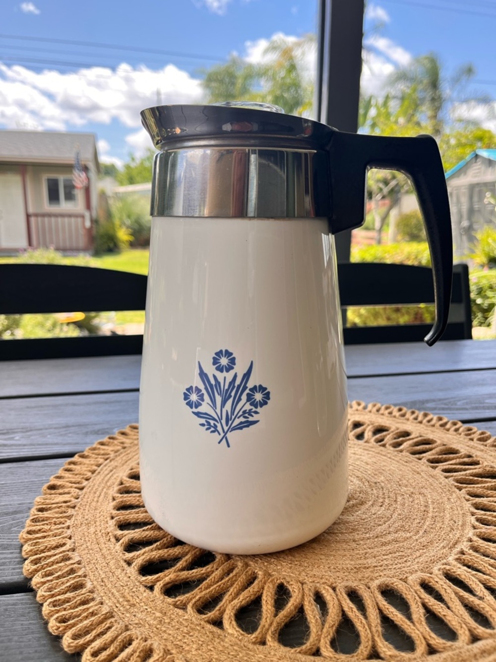 Vintage Corning White Ceramic percolator with Blue Floral Motif